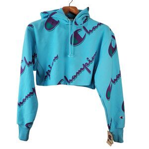 CHAMPION Heavy Duty Reverse Weave Crop Hoodie Womens Small Teal Script